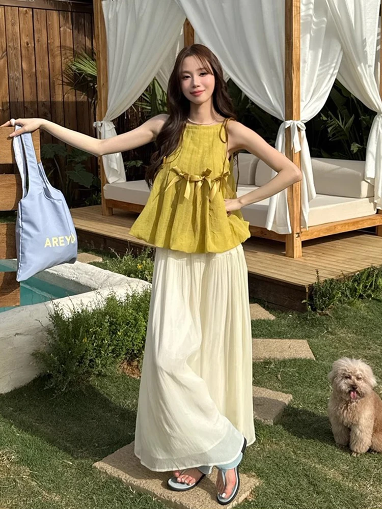 

Liliang Knot Embellied Vest irt Women's Summer New Gentle Temperament Pleated Chiffon ter Skirt Set
