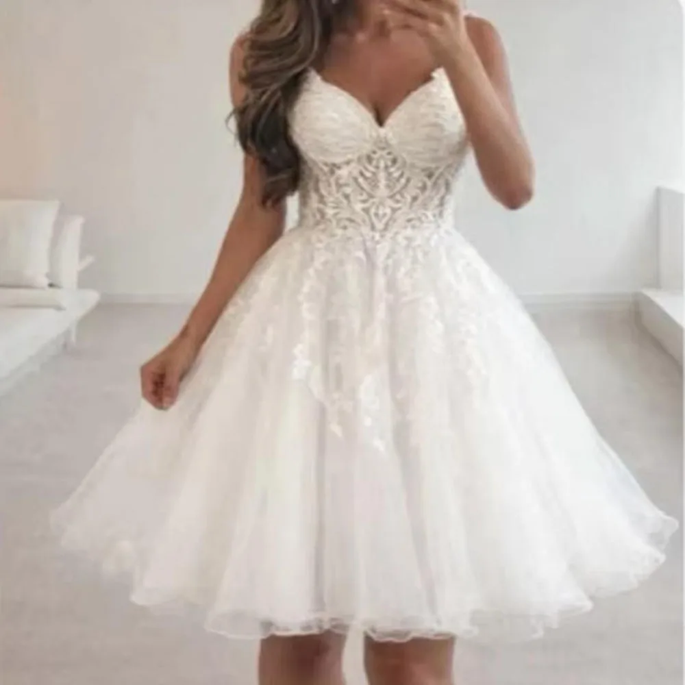 ZJ9510 Sweet Short Wedding Dresses Customized Spaghetti Strap Sweethat Lace Applique Tulle A Line Mini Bridal Grown