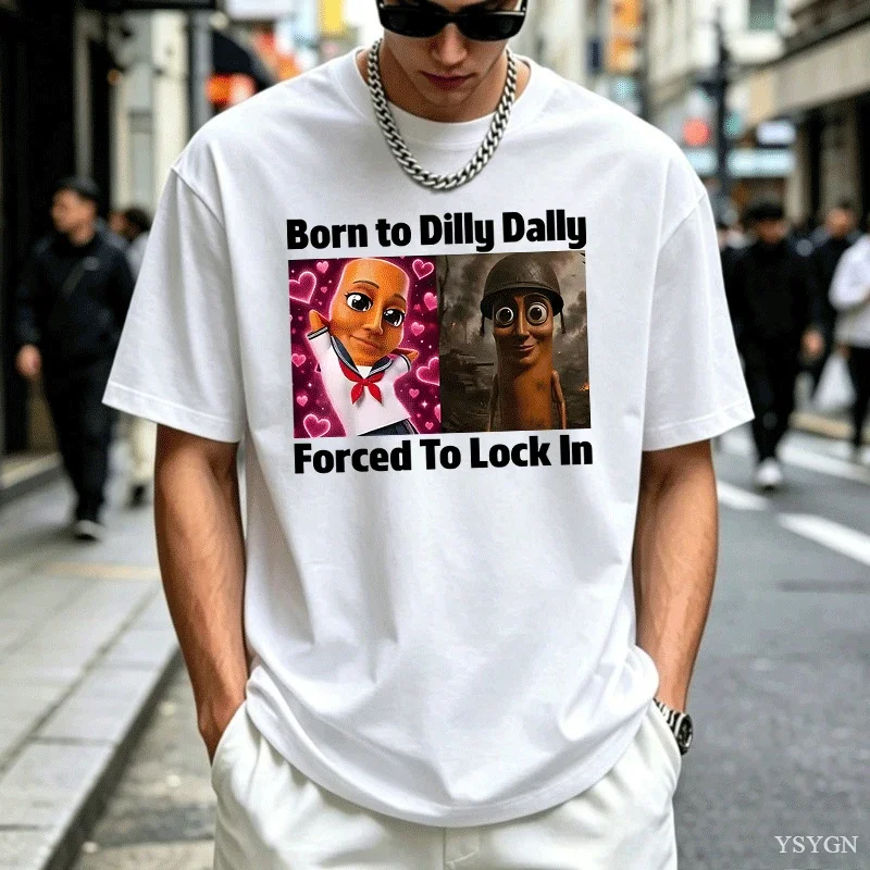Men Women's Casual Graphic Tee Born To Dilly Dally Forced To Lock in Tung Tung Sahur Meme T-Shirt Short Sleeve Fashion Clothing