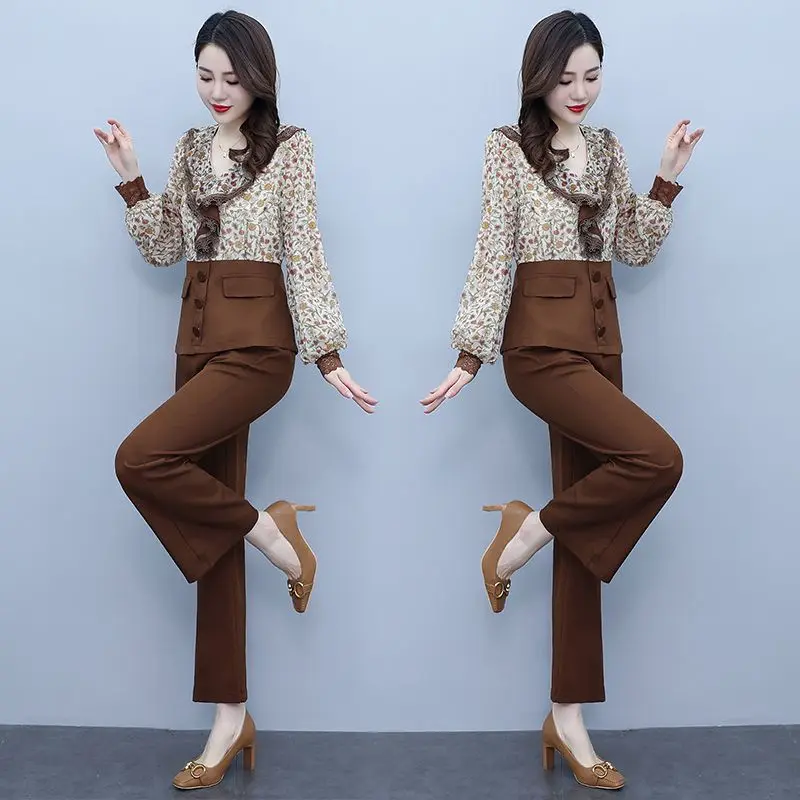 Korean Popular Ruffle Collar Long-sleeved Chiffon Shirt Casual Pants Two-piece Elegant Women's Pants Set Temperament Tracksuit