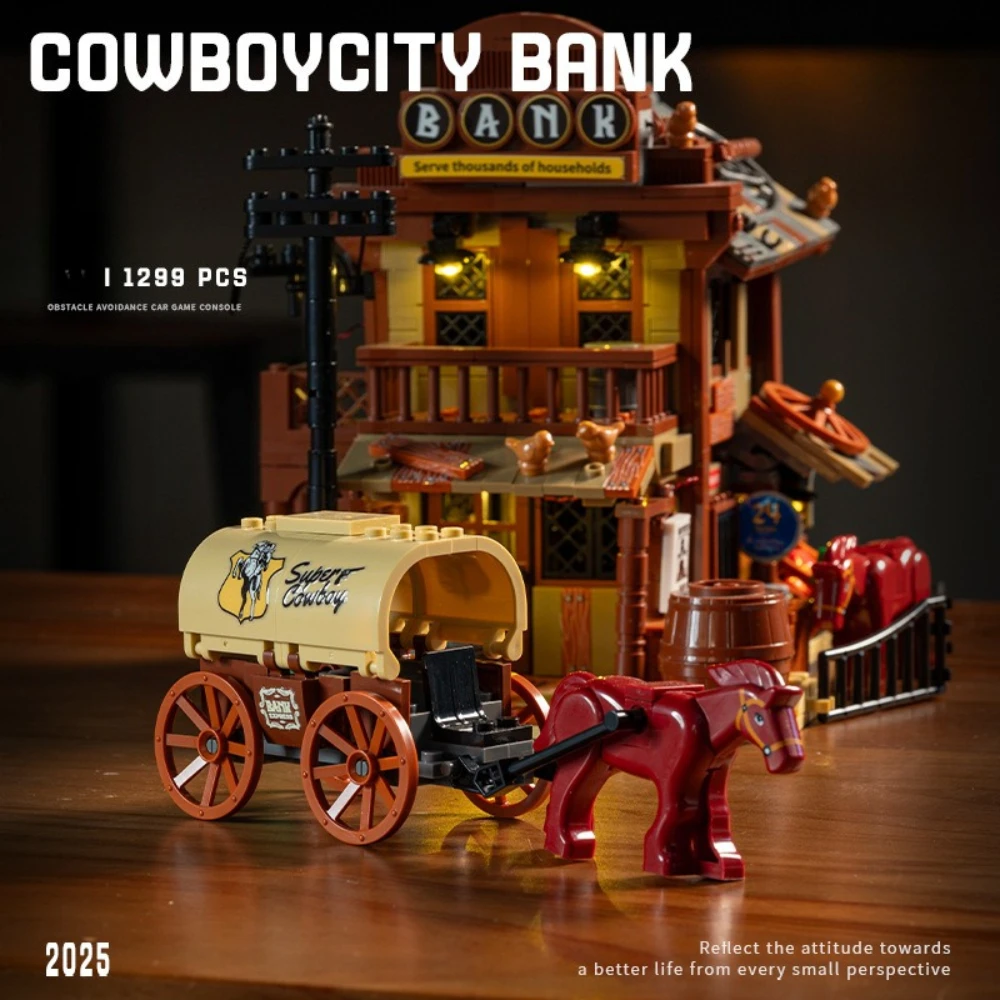 MOC الغربية كاوبوي تاون بنك اللبنات مجموعة الصحراء الغربية العمارة منزل الإضاءة فكرة لعب للأطفال هدايا عيد ميلاد