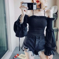Solid Color Slim Fit Off Shoulder Sexy Women's Chiffon Shirt Sweet Flare Long Sleeved Chic Fashion New Lady Short Tops 8066 - Image 4