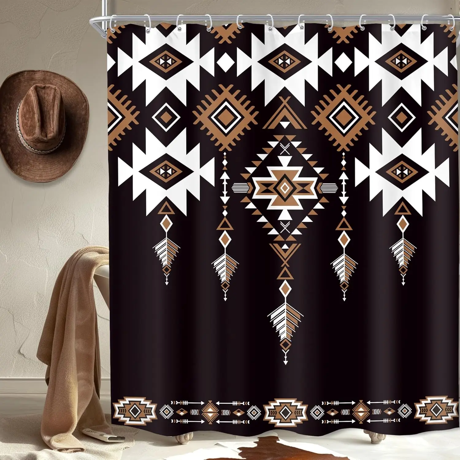 Black Aztec Western Shower Curtain for Bathroom Decor Abstract Boho Geometric Tribal Ethnic Retro American Brown Tan Simple