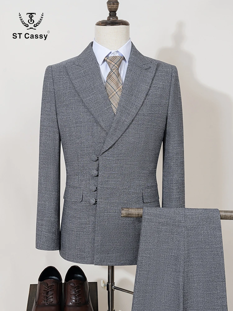 

ST Cassy grey Elegant man suit for wedding Slim Fit Double Breasted Multiple buttons Casual Business man 2 piece outfit set