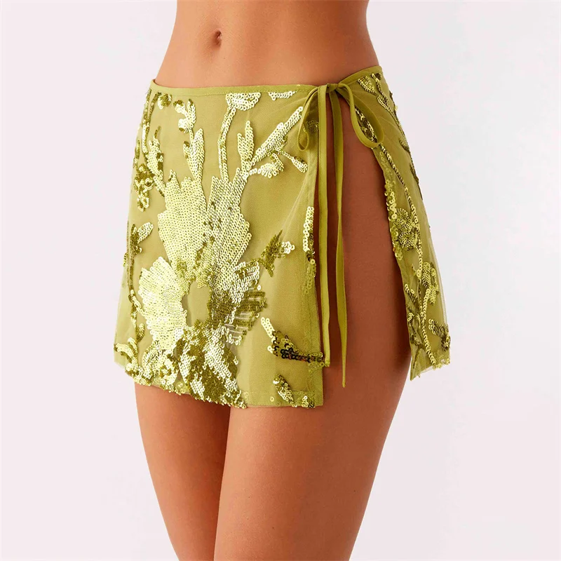 Sequined Bandage Split Short Skirt Woman Sexy Bikini Swimwear Mini Skirts Women Summer Beach Clothes