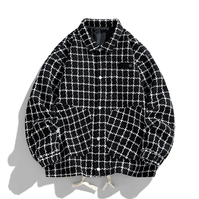 

Black and white plaid shirt man spring and autumn lapel with long-sleeved shirt senior sense of handsome day city boy coat