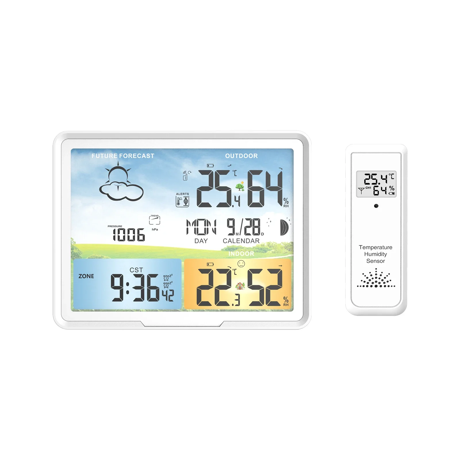

FABISENSE PT20A Wireless Weather Station Standing and Wall Hanging Colorful LCD Alarm Clock Indoor Thermometer Hygrometer