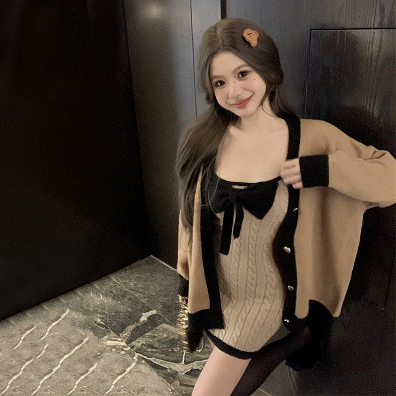 Sweet Bow Design Knitted Mini Dress Women Winter Sexy Club Party Sling Dresses