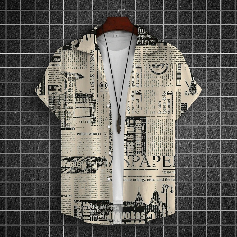 Newspaper 3D Printed Men\'s Shirt Men/Women Casual Fashion Short Sleeves Shirts Button Lapel Streetwear Oversized Unisex Clothing