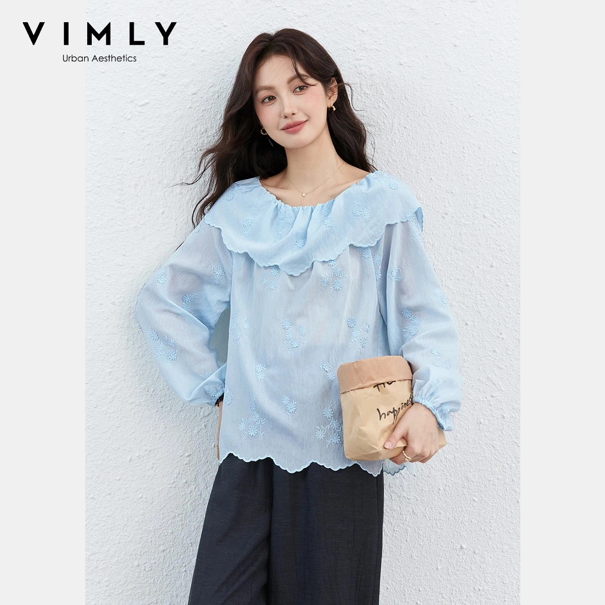 

VIMLY Women's French Ruffled Off Shoulder Blouse 2026 Spring New Fashion Casual 3D Embroidery Long Sleeve Loose Fit Shirt A5130