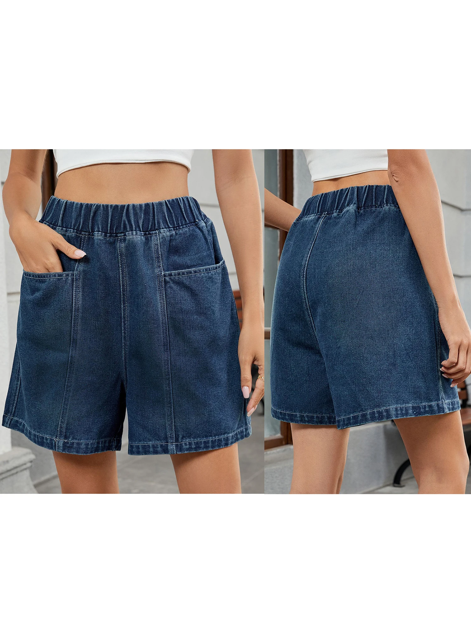 

Женские повседневные джинсовые шорты с эластичным поясом и однотонным дизайном. Стильные летние короткие брюки для уличной модницы.