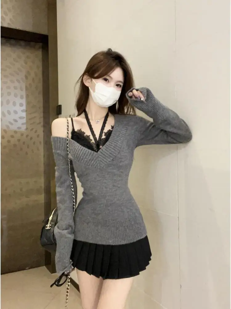

Autumn Winter Khaki V Neck Slim Short Sweater Women Korean Grey Long Sleeve Pullover Knitted Tops Simplicity Popular Streetwear