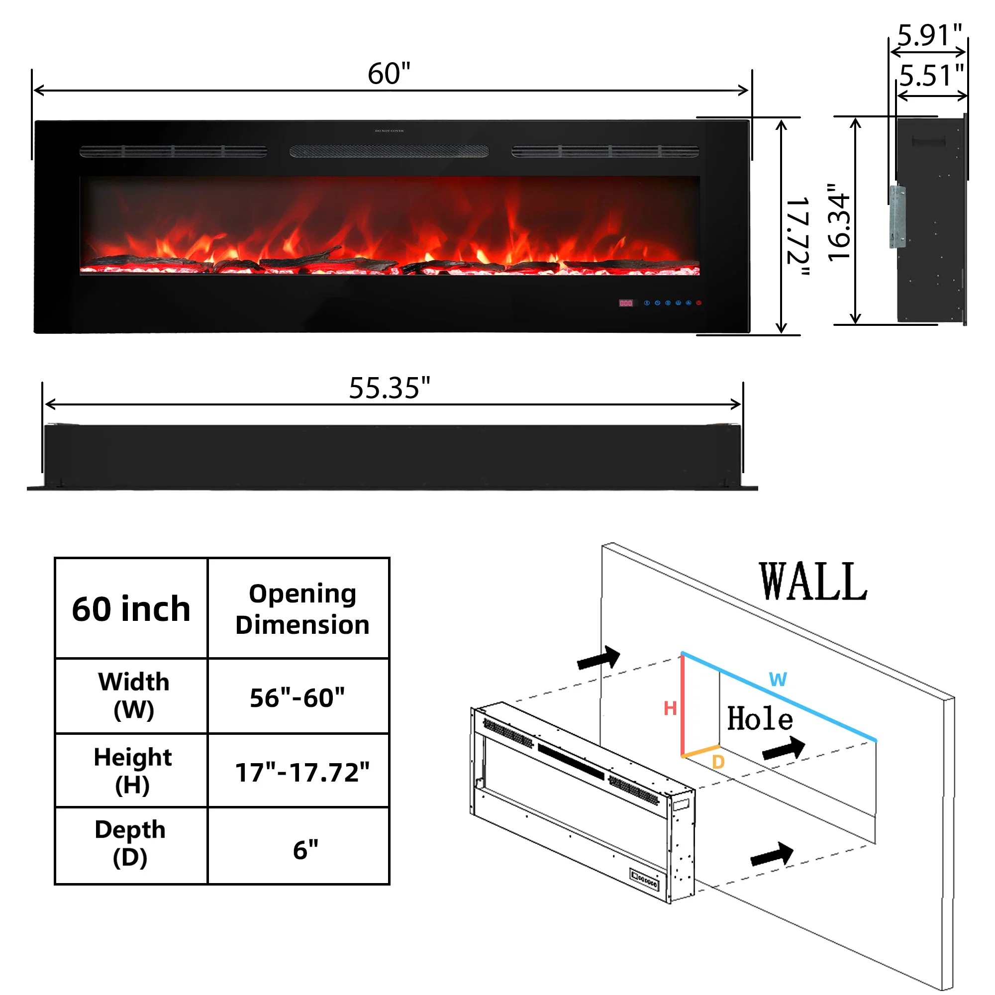 36"42"50"60"72"80"84"88"Hot Sale Electric Heater Fireplace Indoor 13 Colors Recessed and Wall mounted Heaters