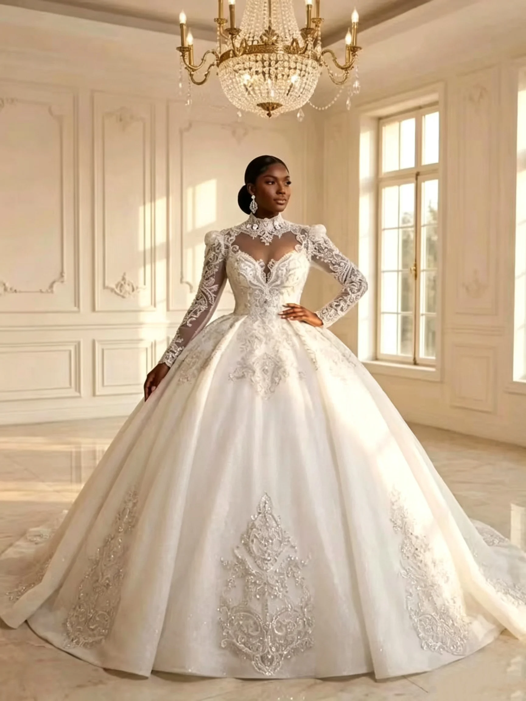 Royal Luxury High Neck Wedding Dress Long Sleeve Crystal Lace Appliques Ball Gown Cathedral Train Bridal Gown Vestido De Novia