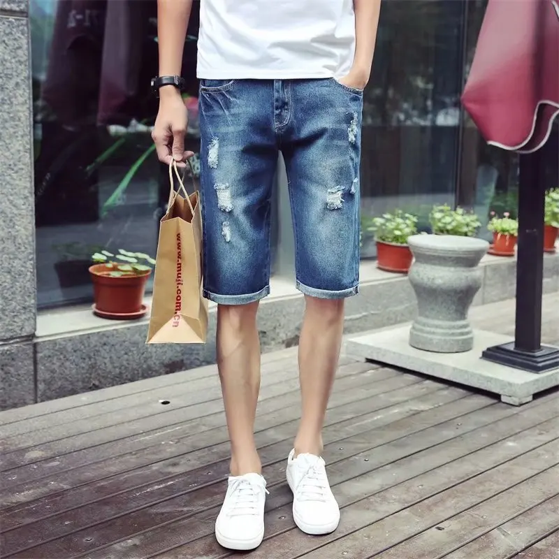 2023 Summer New Fashion Casual Denim Shorts Men's Loose Straight Korean Style All-match Boutique Clothing Simple Style