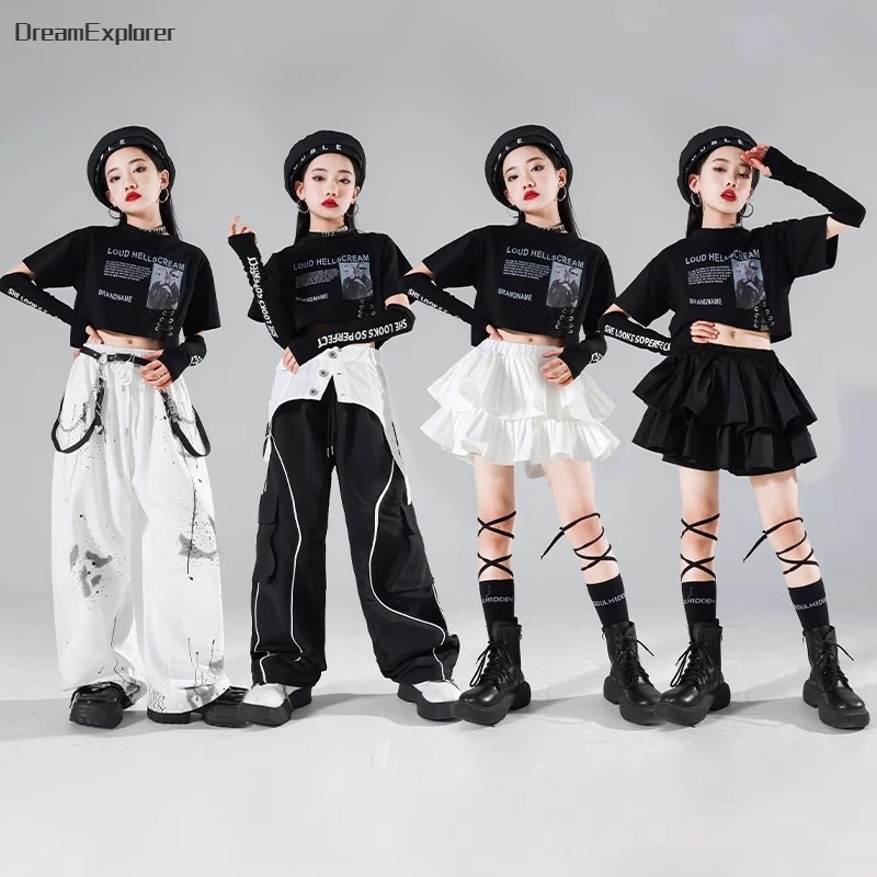 Hip Hop Kids Cool Crop Top Street Dance Tiered Skirts Joggers Pants Girls Streetwear Children Jazz Stage Costumes Clothes Sets