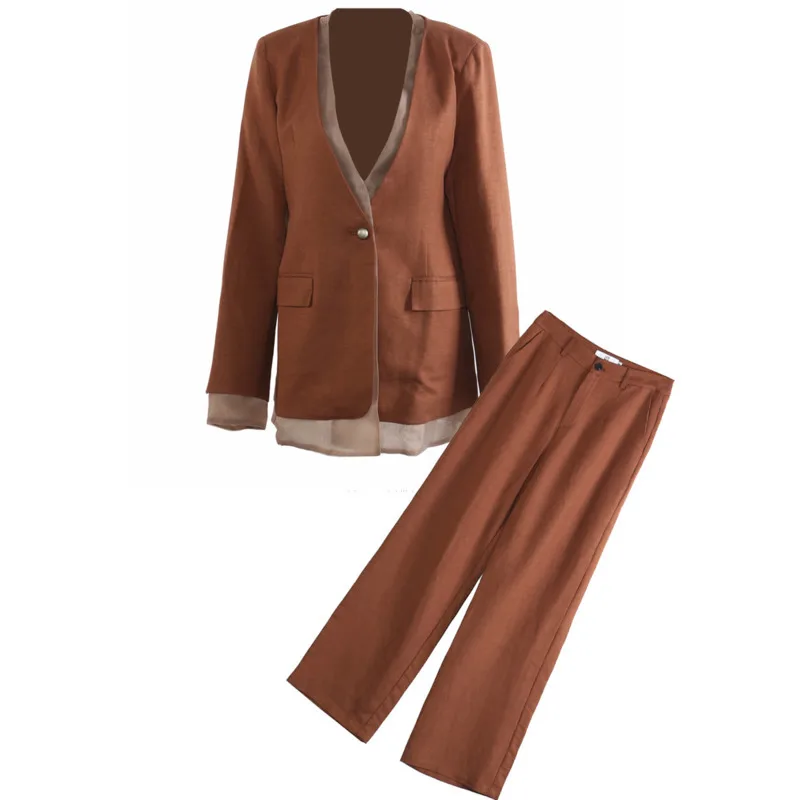 FANAN Leinen Elegante Kontrast Farbe 2-teiliges Set frauen V-ausschnitt Gespleißt Design Blazer + hohe Taille Gerade Hosen 2025 herbst Neue