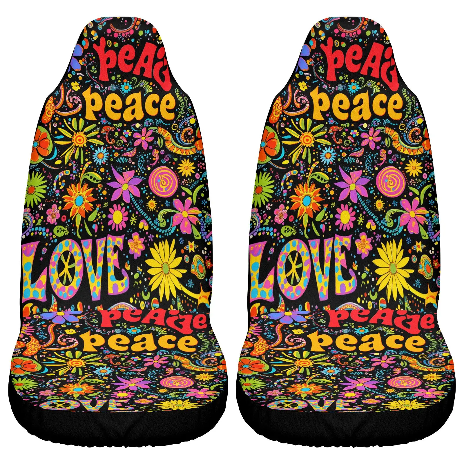 Car Seat Covers Black Peace Love Flower Pattern | Non- Polyester Fabric, Universal Fit For Car Interior Decor