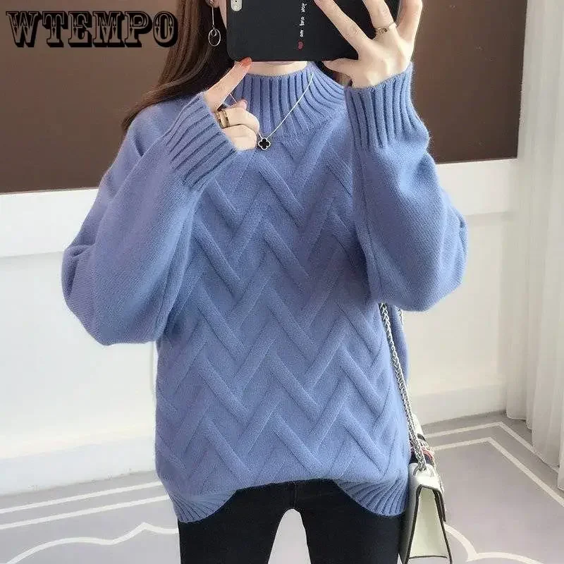 WTEMPO Women Long Sleeve Knitted Sweater Winter Fall Pullover Jumper Casual Loose High Half Neck Soft Comfortable Knitting Tops