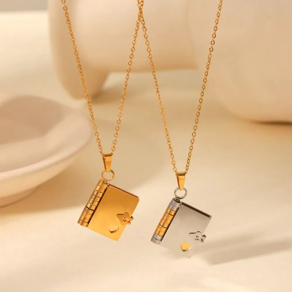 Titanium Steel Couple Book Necklace Heart Handmade Opening Book Pendant Aesthetic Opening and Closing Couple Text Locket
