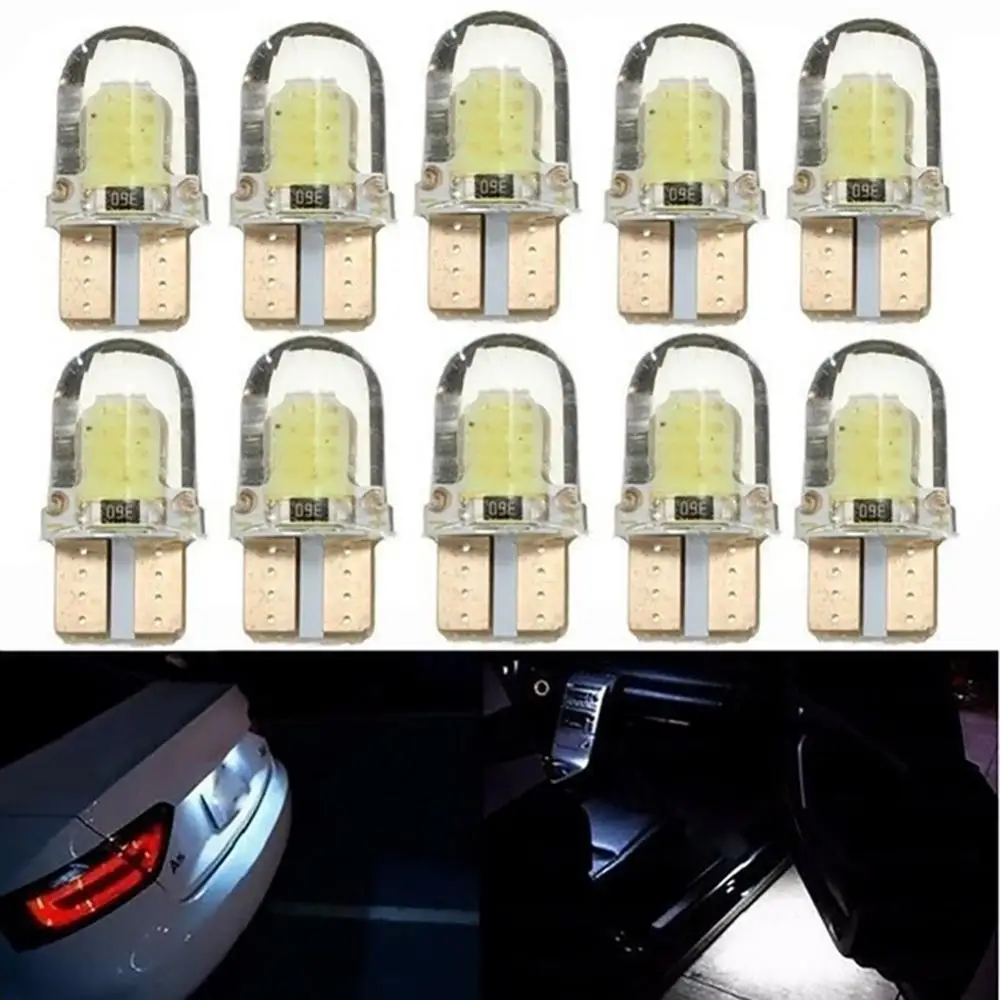 10Pcs White LED T10 W5W COB Canbus Silicone Car License Plate Light Lamp Bulbs Car Lights Headlight Bulbs Auto Accessories