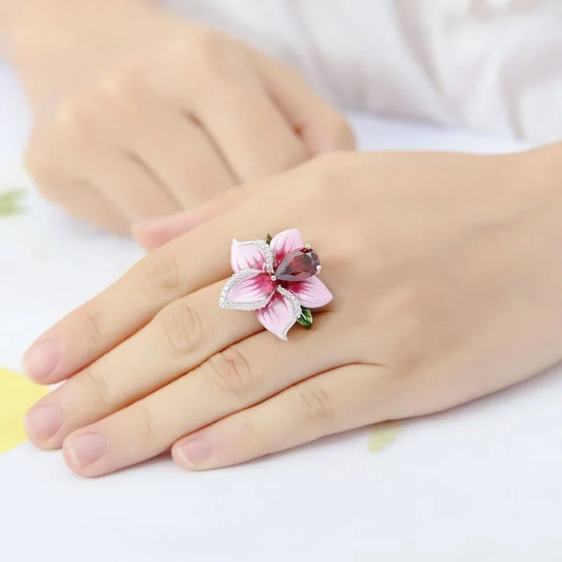 Milangirl  Pink  Flower Rings for Women  Luxury Plant Floral Design Red Zircon Birthstone Ring Engagement Jewelry Whole Sale