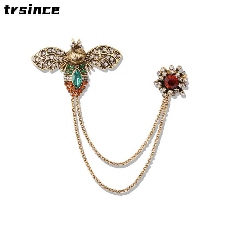 Vintage Brooch Female Bee Chain Double Pin Buckle Badge New Cardigan Women and man Scarf Sweater Accessories