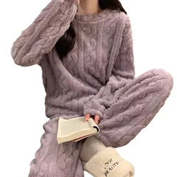 Winter Autumn Warm Soft Round Neck Pajamas Set Women Long Sleeves Clothes Solid Color Blue Pink Dark Gray White Pruple Comfort