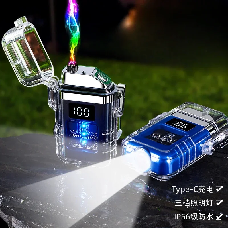 Waterproof And Windproof USB Rechargeable Dual Arc Plasma Pulse Lighter Flameless Battery Display Electric Lighter High-End Gift