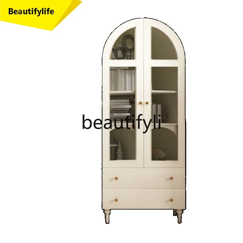 

6239 American Style Solid Wood Bookcase Floor-standing Changhong with Glass Door Wine Cabinet retro Arched Decorative Cabinet
