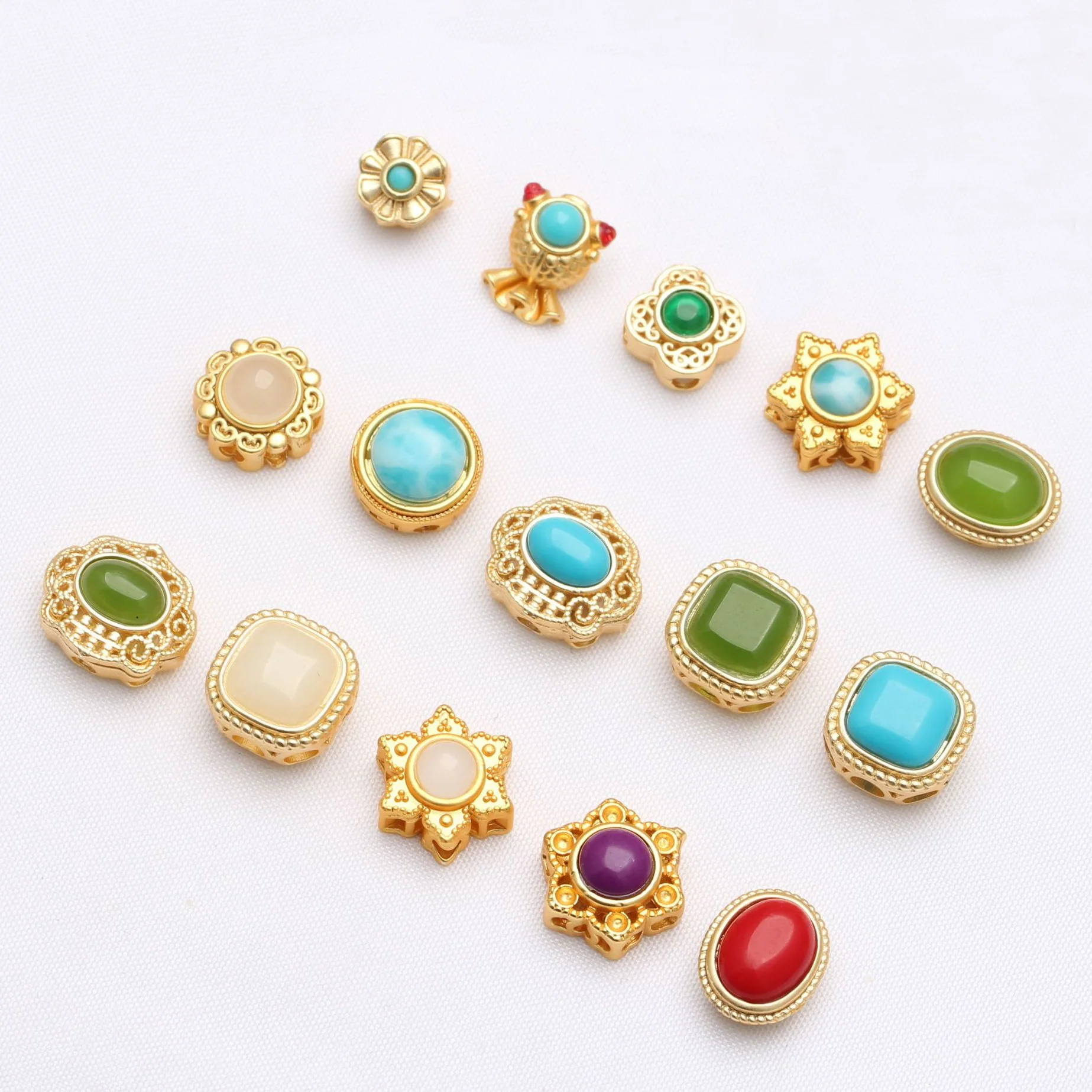 Retro K-Gold Filled With Coloured Stones Goldfish Sunflower Button Style Connectors Bracelet Keychain Pendant Charms Accessories