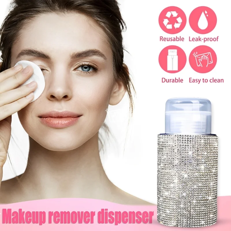 200ml Pump Dispenser Bottle Diamond Liquid Alcohol Press Bottle for Nail Polish Remover Refillable Manicure Container Wholesale