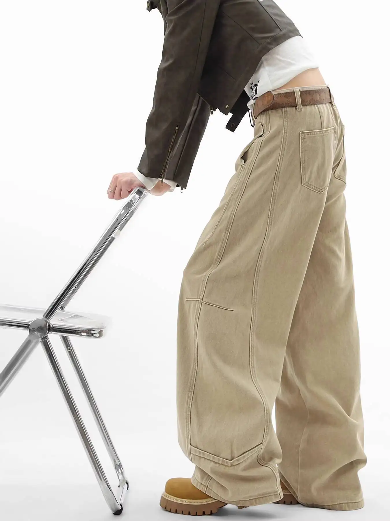 Unisex Autumn Khaki Jeans Casual Pants Vintage Streetwear Cargo Pants Loose Casual Wide Leg Trousers