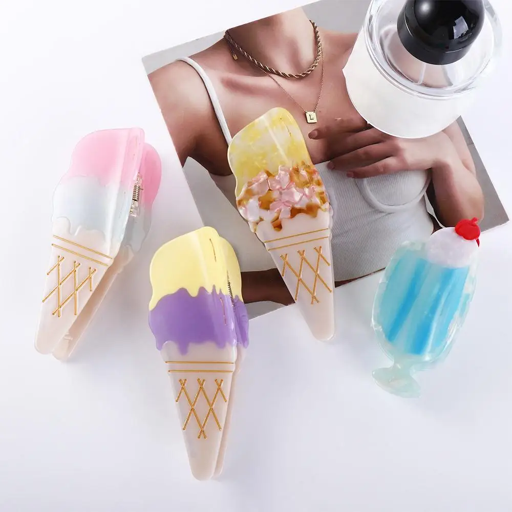 

Cute Blue Ice Cream Acetate Hair Claw Cartoon Summer Juice Cocktail Hair Clip Headdress All-match Acetic Acid Shark Clip Girl