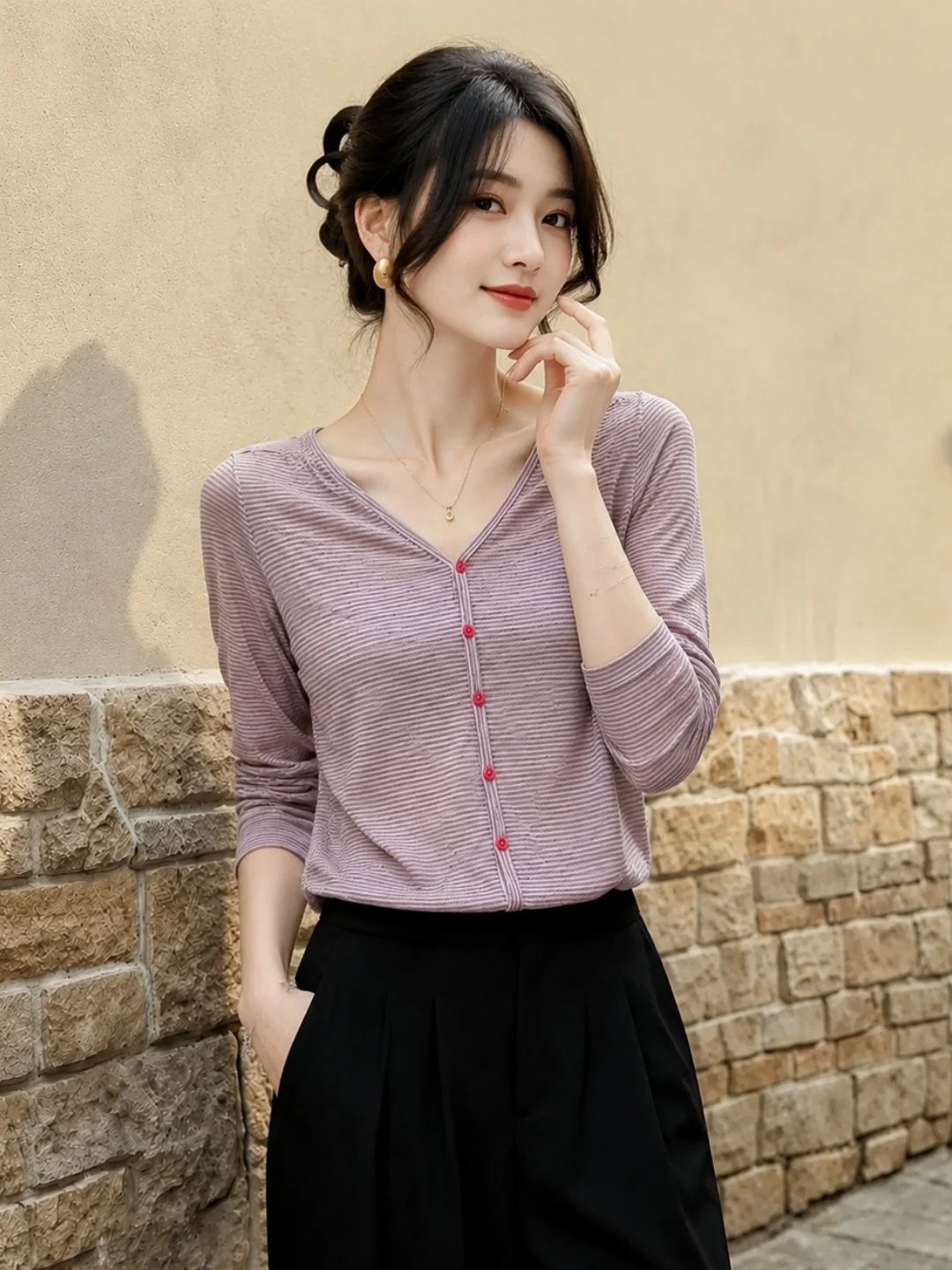 Summer 2026 Slim Fit Striped T-Shirt Women's Single Button V-Neck Top Color Block Design Versatile Korean Style Commute Silk