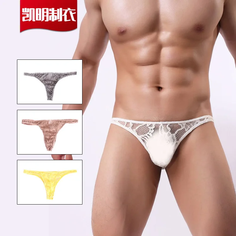 Men\'s Transparent Underwear for Young Fashionable Lace Breathable T Back Thongs Sissy U Convex Pouch Tangas Hombre Gays G String