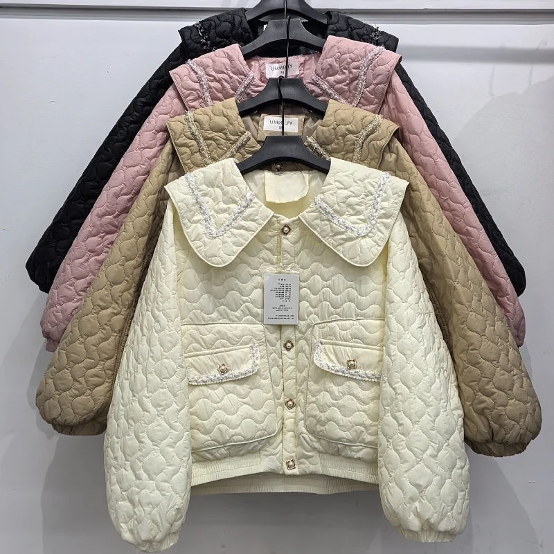 Krótka, lekka kurtka bawełniana wyszczuplająca, zimowa, modna, z kołnierzykiem typu doll collar, dla kobiet, studentek, nowy styl, mały rozmiar, damska bluzka.