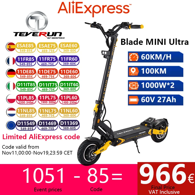 Stock ue TEVERUN lame MINI Ultra V4 Scooter électrique 60V27Ah 1000W * 2 moteur écran LCD avec clé à distance 60 KM/H vitesse Kickscooter