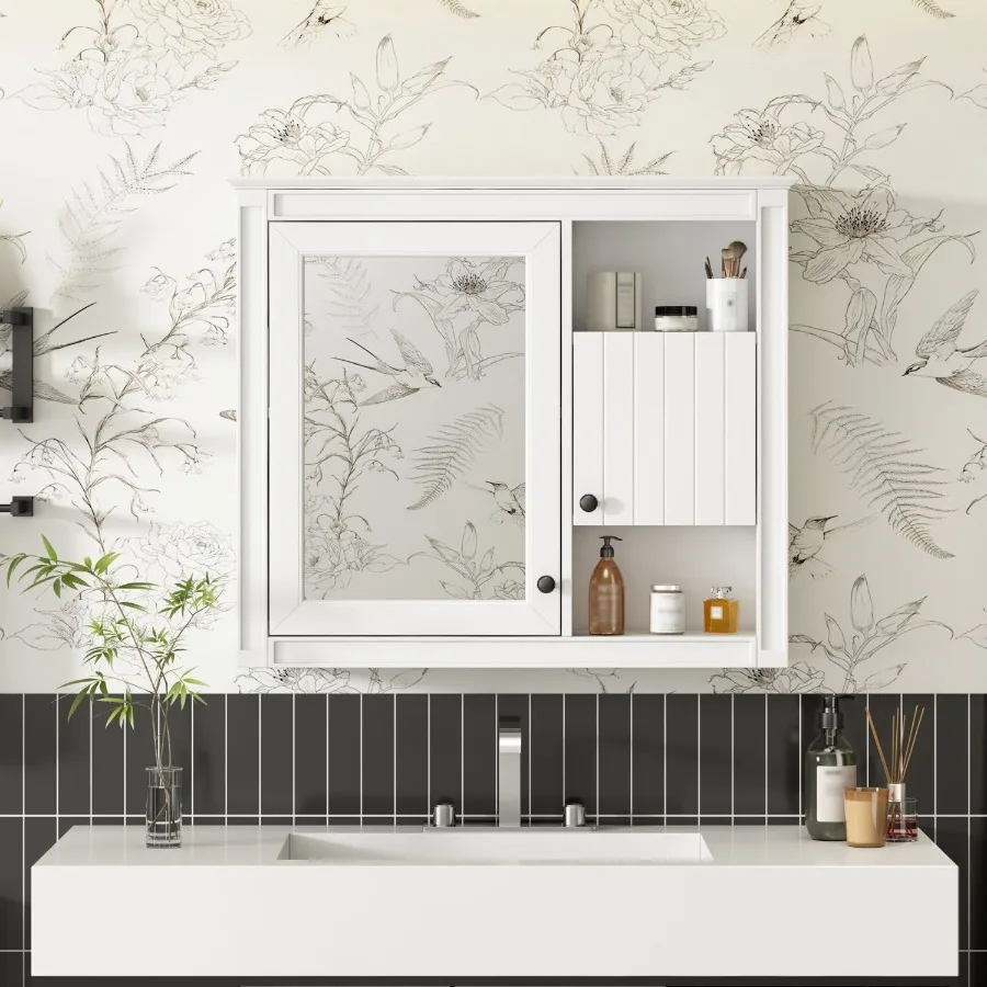 

32'' Bathroom Wall Cabinet with Mirror Wall Mounted Medicine Cabinet with 3 Shelves Mirrored Door Over Toilet Storage Cabinet W