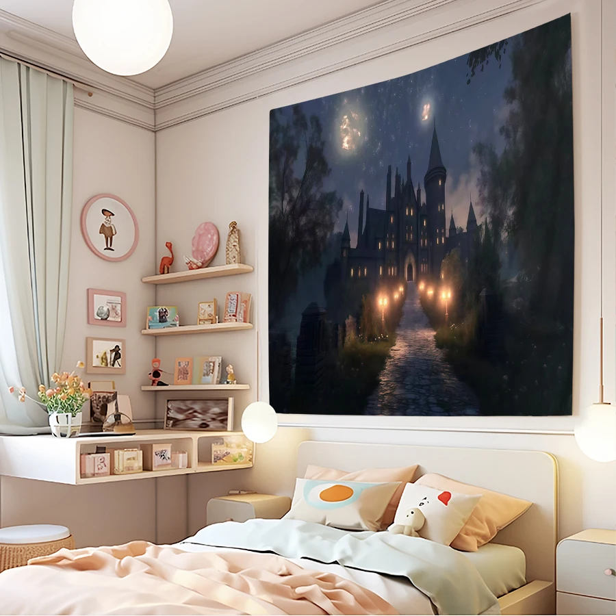 1PC Digital Printed Tapestry Wall Hanging, Night Castle Moonlight Gothic Mansion, Dark Fantasy Magic Living Room Wall Decor