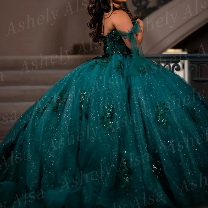 Maßgeschneidertes Hunter Green Mexikanisches Frauen-Abschlussball-Geburtstagsparty-Kleid, Spitzenapplikation, Korsett, Ballkleid, süßes 15/16 Quinceanera-Kleid