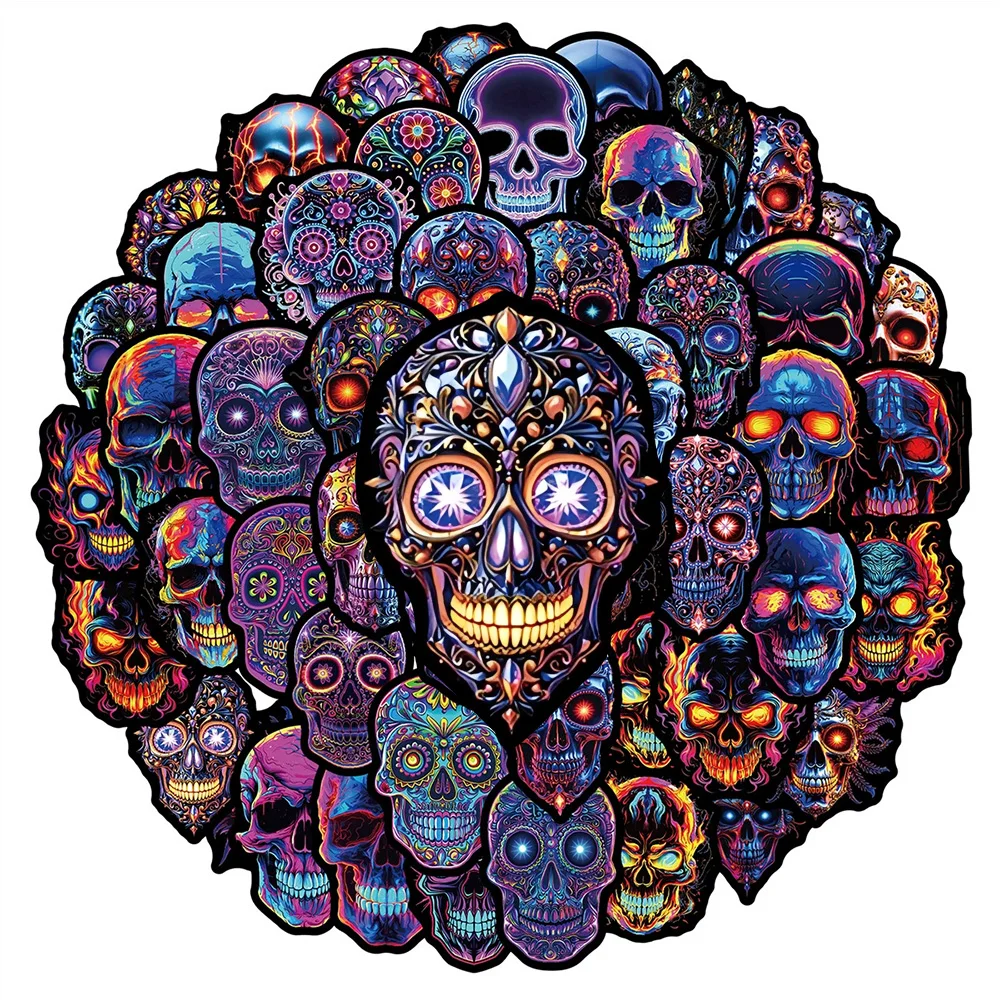10/30/50pcs Cool Creative Neon Light Skull Stickers Cartoon Gothic Style Decals DIY Skateboard Phone Luggage Sticker Wholesale