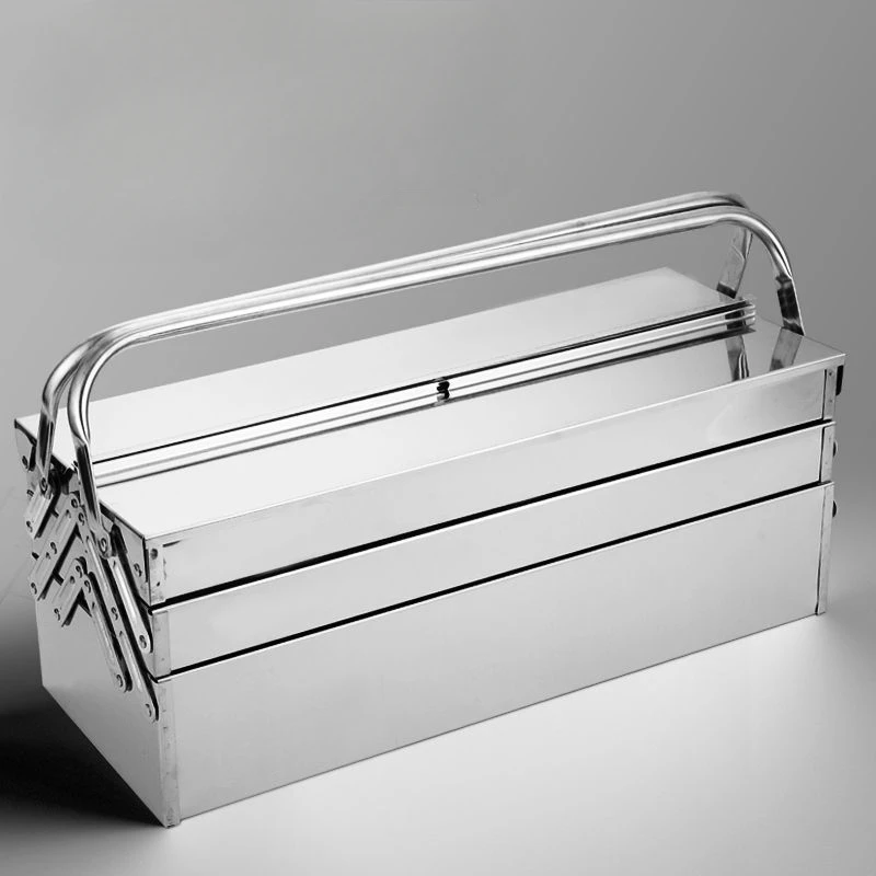 Cassetta degli attrezzi hardware in acciaio inossidabile Grande scatola vuota pieghevole a tre strati Custodia per riparazione automatica domestica con serratura multifunzione