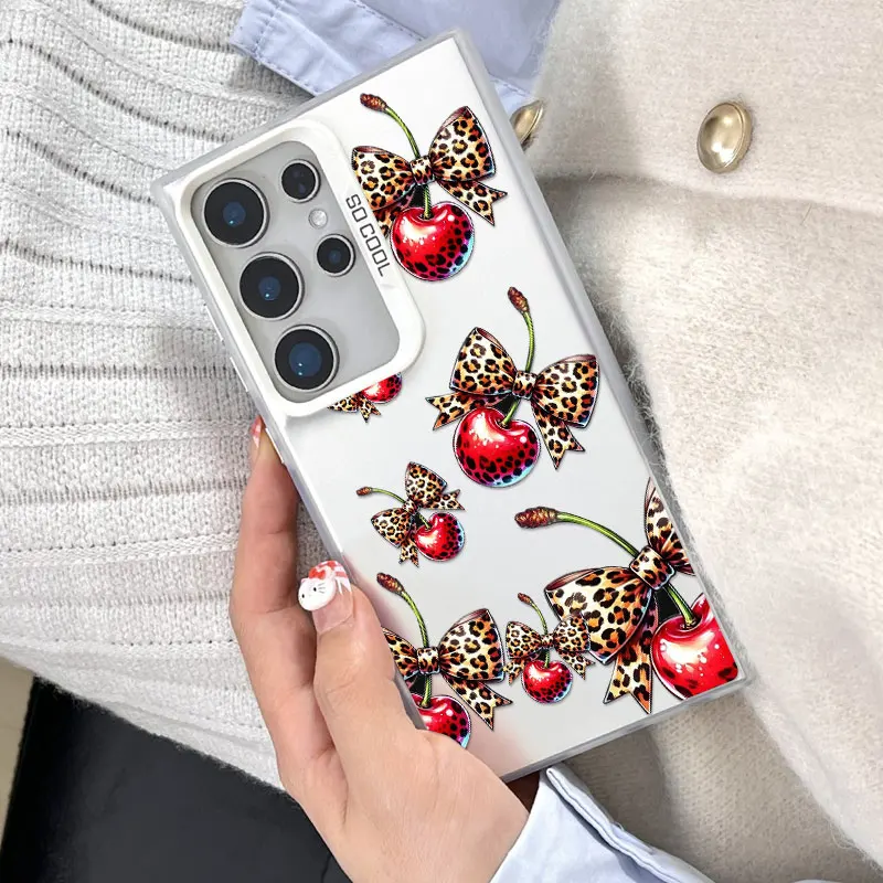 

For Samsung Galaxy S25 S22 Ultra Plus S21 FE S24 S23 Ultra Plus FE Laser Phone Case Cherry Bowknot Pattern Shockproof Back Cover