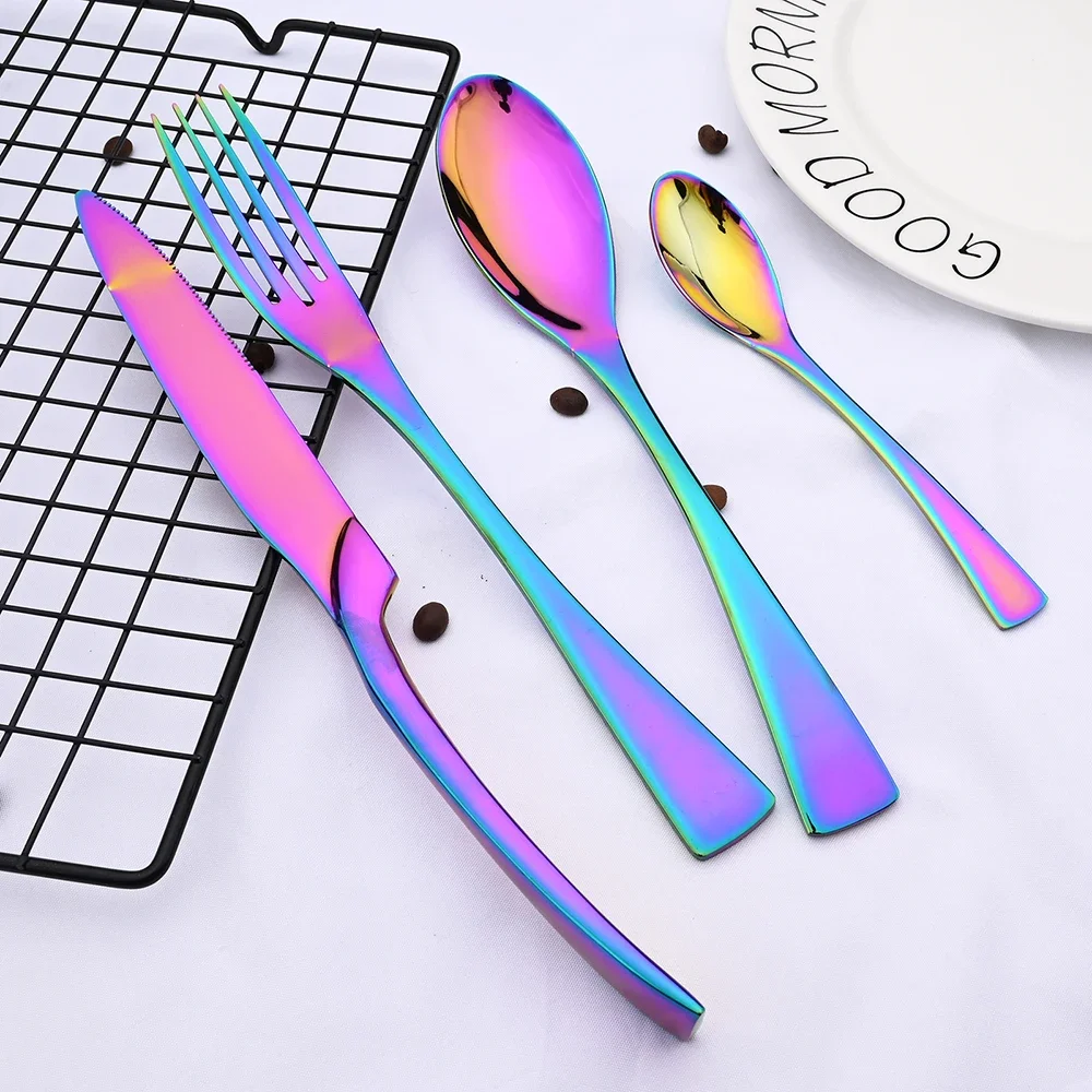 5Set Rainbow Cutlery Set Mirror Colorful Flatware Set Stainless Steel Dinnerware Kitchen Tableware Dinner Knife Spoon Fork Set