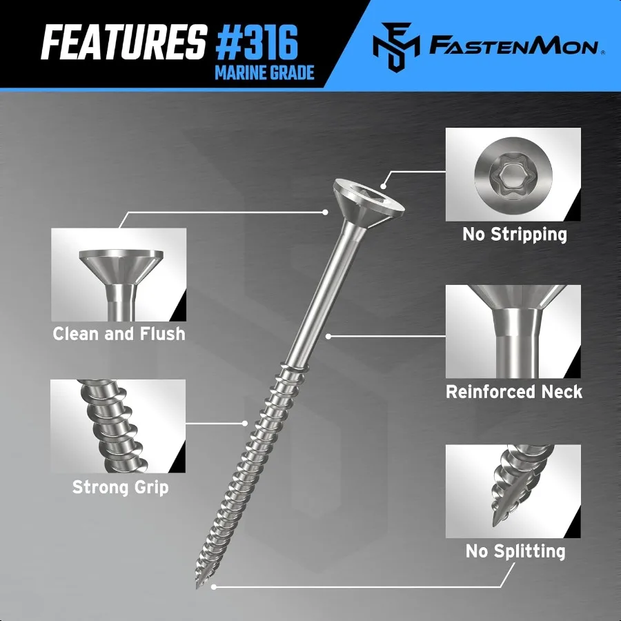 FastenMon 10 x 21 2 шурупы по дереву из нержавеющей стали морского класса, 100 шт. в упаковке с битами T25 Torx с плоской головкой, тип 17 точек, идеально подходят для