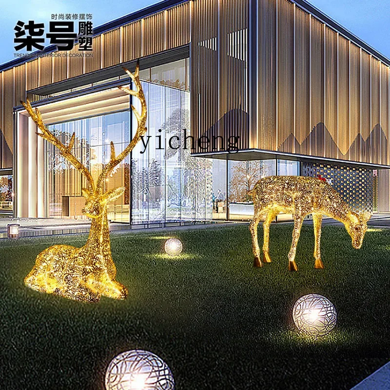 X-28 Hotel Stainless Steel Outdoor Animal Floor Sculpture Luminous Lucky Elk Ornament