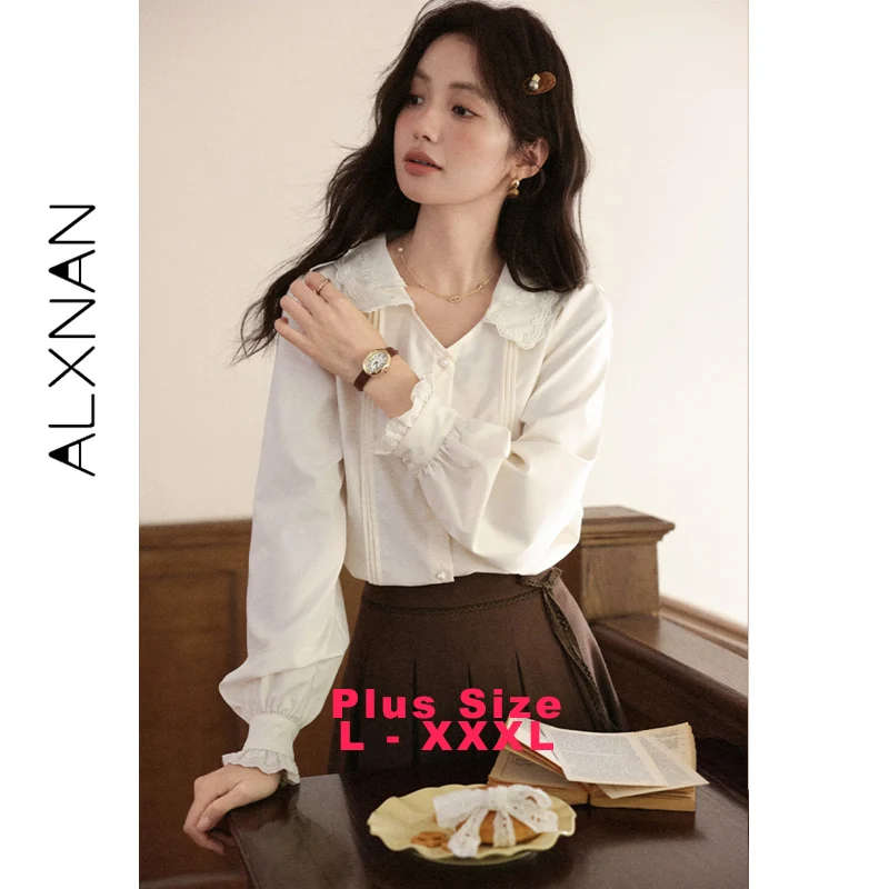

ALXNAN Plus Size Shirt Apricot V-neck Elegant Casual Loose-fit Women's Long Sleeve Blouses Fall Office Lady Shirts Female D12856