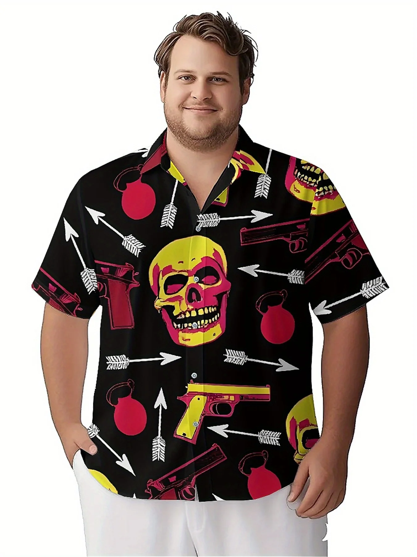 قمصان هاواي مقاس كبير للرجال _ نمط جمجمة وأسلحة، قمصان بأزرار، ملابس كاجوال للجنسين، قمصان صيفية