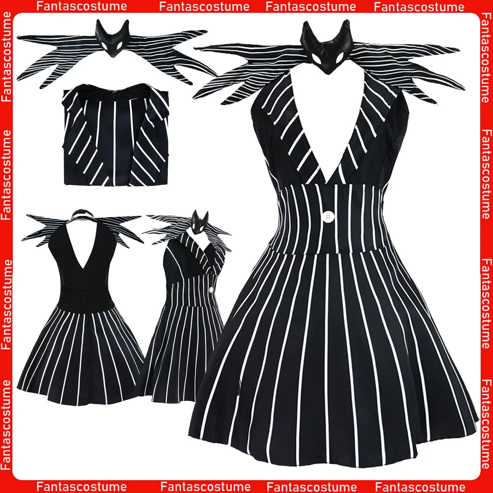

2025 TV Before Christmas Roleplay Jack Costume Women Nightmare Cosplay Disguise Dress Neckband Outfits for Halloween Carnival